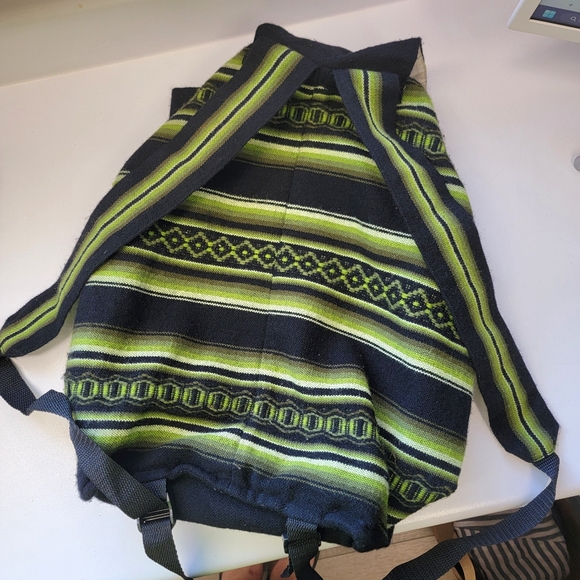 Woven Alpaca Blanket Backpack 💚🖤 Green & Black Design Drawstring Sack Bag Tote - Picture 4 of 11